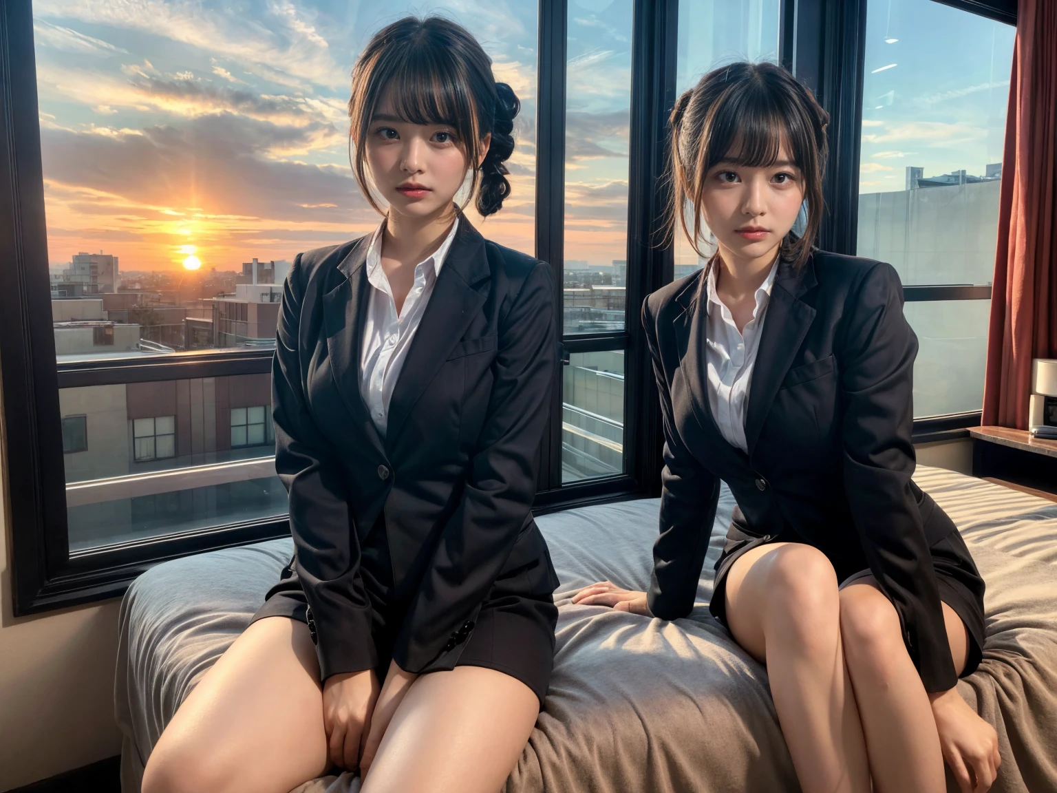 masterpiece, best quality, illustration, Super detailed, fine details, High resolution, 8K,wall paper, perfect dynamic composition,(Details High quality, realistic depiction of eyes:1.3), (2 girls), short hair, Office Lady, ,Suit,Collared shirt, Black Suit,Black jacket, updo, huge breasts, black hair color, Big Natural Color Lip, bold sexy pose, crying a little、cold gaze, Harajuku style、20 year old girl、cute type、ta、beautiful legs, hotel room, full body photo、focus on crotch, hposing Gravure Idol, Sexy shot looking at camera, Sunset, by the window, Summer, make up, Curve