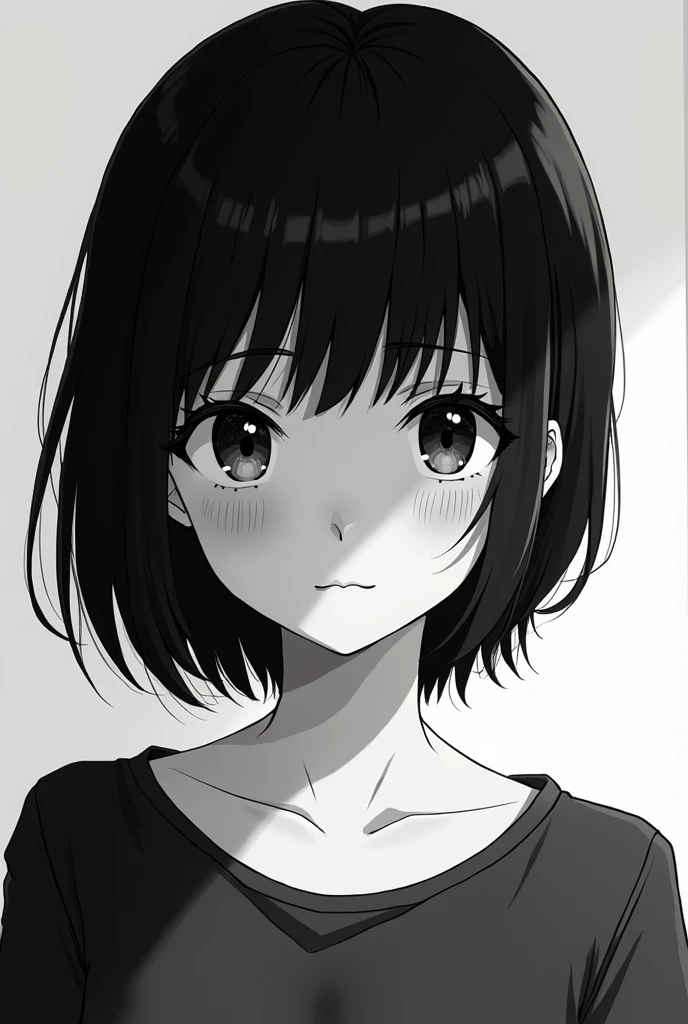 black and white anime style girl female short hair, without big eyes normal like lysanyma