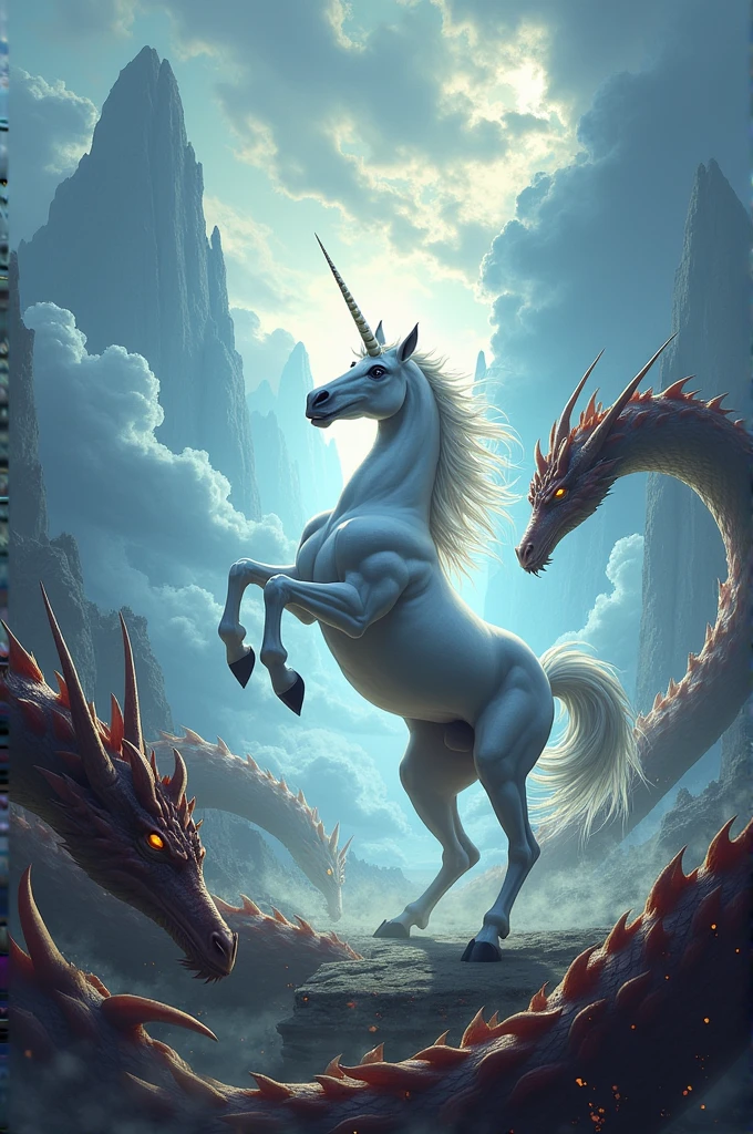 Unicorn fighting dragons 