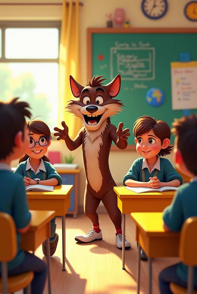 taz-mania talking to teenagers in yellow uniforms in classroom
