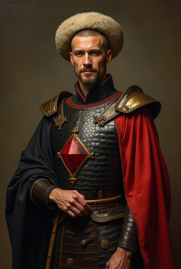 {{Masterpiece, best quality, realistic oil painting, by Théodore Géricault, muted colors, male focus}}, (((dramatic half body portrait of a 30 years old male ancient Emperor, solemn, valiant, upright, brown skin, blonde, smiling, goatee, buzzcut, kohl painted eyes))). ((he is wearing a black and red, iridescent silk draped, ronin uniform, armor lorica, made of alligator leather, with Praetorian inspired elements, shogun inspired elements, wearing a large red diamond shape pendant, wearing a beige fur hat)).