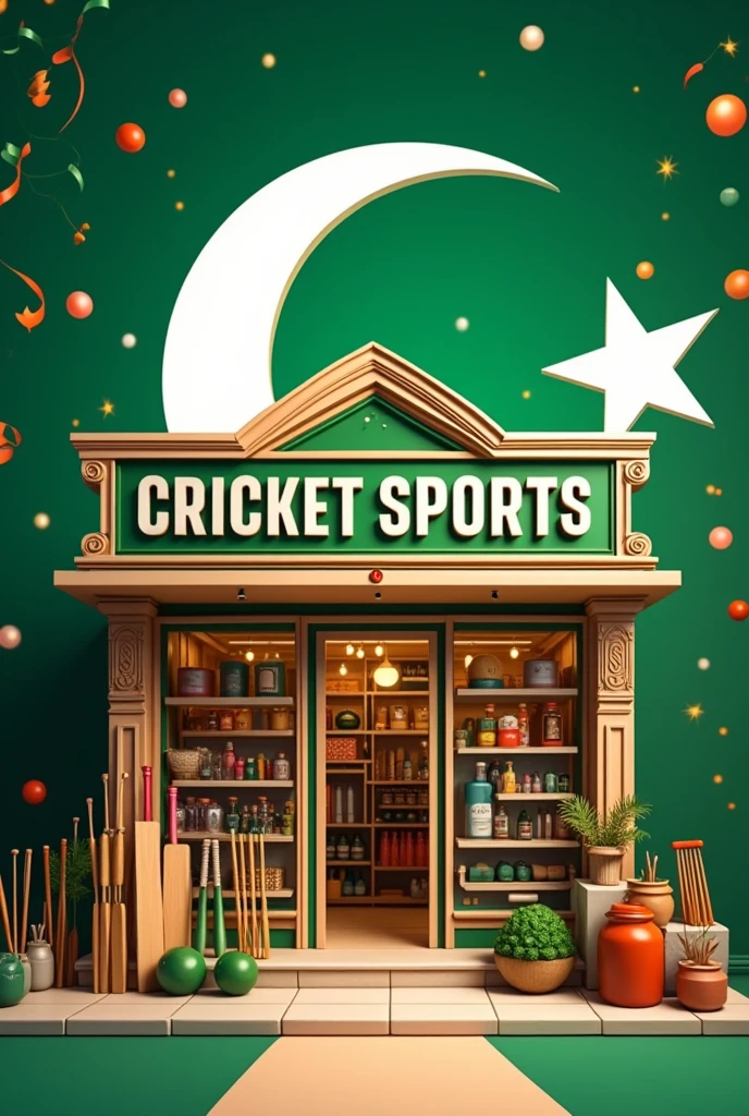 My cricket Bats shop name is "Cricket Sports" 
Please make a Pakistan Independence Day Photo 
Also mention 30% Off