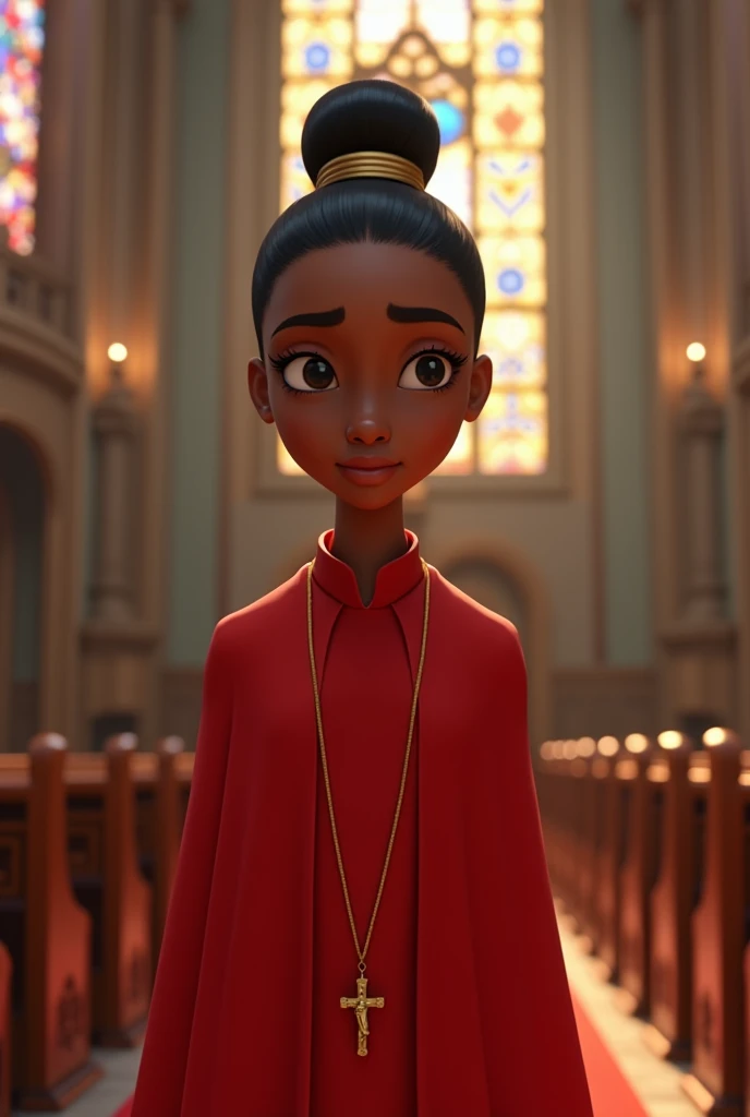 Pixar-inspired 3D poster of a young black woman with straight hair in a bun, wearing a RED acolyte's tunic covering her neck,with a small crucifix around his neck, inside a church
