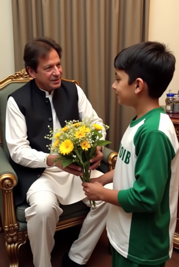Imran Khan is sitting on a chair and in front of him a boy wearing a green and white pant shirt is gifting flowers to Imran Khan. The boy's shirt has "Shoaib" written on it.