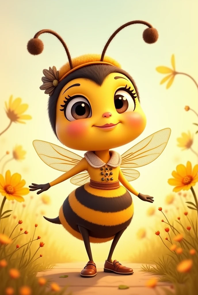 Create an image of a Cartoon Bee with clothes of woman