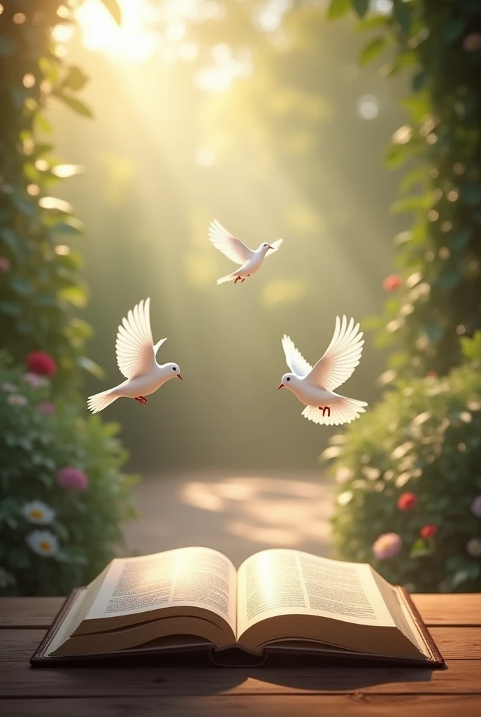 open bible in the corner of the image, in every image there are birds that symbolize the holy spirit