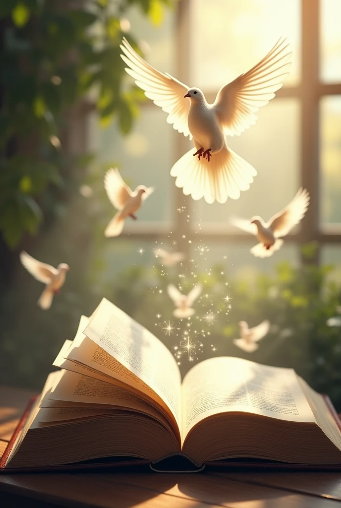 open bible in the corner of the image, in every image there are birds that symbolize the holy spirit