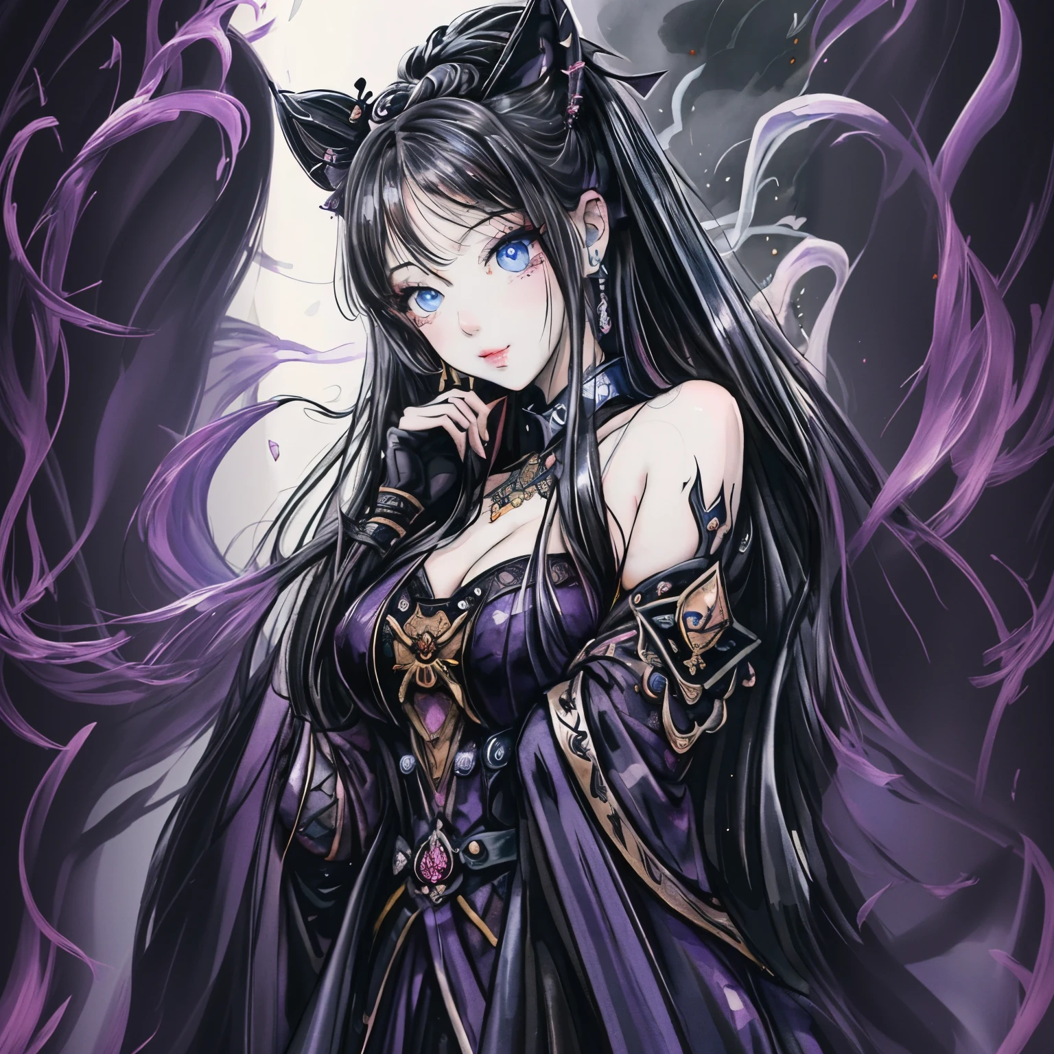 強力なスーパーdevil女がクローズアップでポーズをとる, Black Goddess (exposing shoulders), length, flowing purple hair, See your audience, Very detailed face, perfect hands, Blue smoke swirling around him., devil事を愛する, captivating blue eyes, dark fantasy, , Realistic representation of girls, German 8k artistic bokeh, lovely girl, real girls, Gurwitz, Gurwitz-style artwork, Girl role play, realistic 3D style, cgstation Temas populares,, 8K Portrait Rendering,(TRUE,TRUE:1.4)、Genuine, symmetrical, Attention to details, Esoteric arachnids lady, Spider Queen Elise, League of Legends, Esoteric arachnids, Combat Stance, ( The body is made with liquid metallic paints in metallic mauve and metallic black.....、Beautifully represents the female form.....。), length, sharp teeth, nature, ((complex metallic colors in the foreground)), (( Fluid mechanics, The most beautiful soft flake facial makeup., smiling expression)) - dark blood, Onyx、Black painting of a beautiful young witch., length purple hair, dark purple lips, devil, devil女, smile, black party dress, she comes towards you, fence, bright blue eyes, Surrounded by swirls of pink smoke, Genuine, Attention to details, of the highest quality