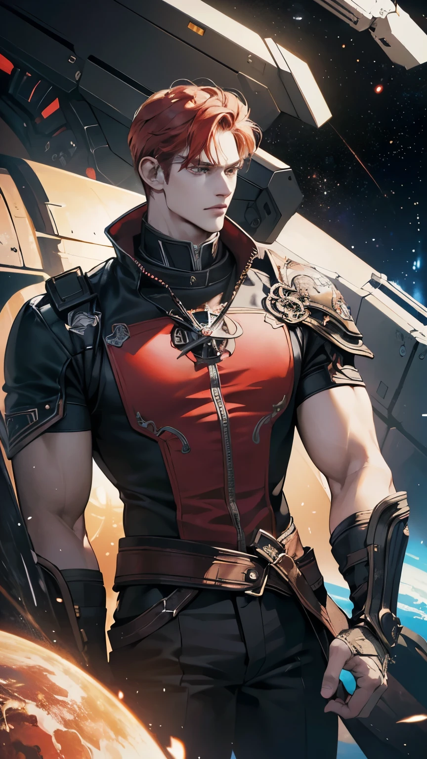 {(best quality, 8k, masterpiece, HDR, soft lighting, perfect image, digital illustration, manhwa art, hyper detailed image, perfect lines, realistic)} 1 very handsome man, short red hair, bright white eyes, black space pirate clothing, intimidating, 1 metal arm, (imposing posture, smirking expression), {(space background inside spaceship)}