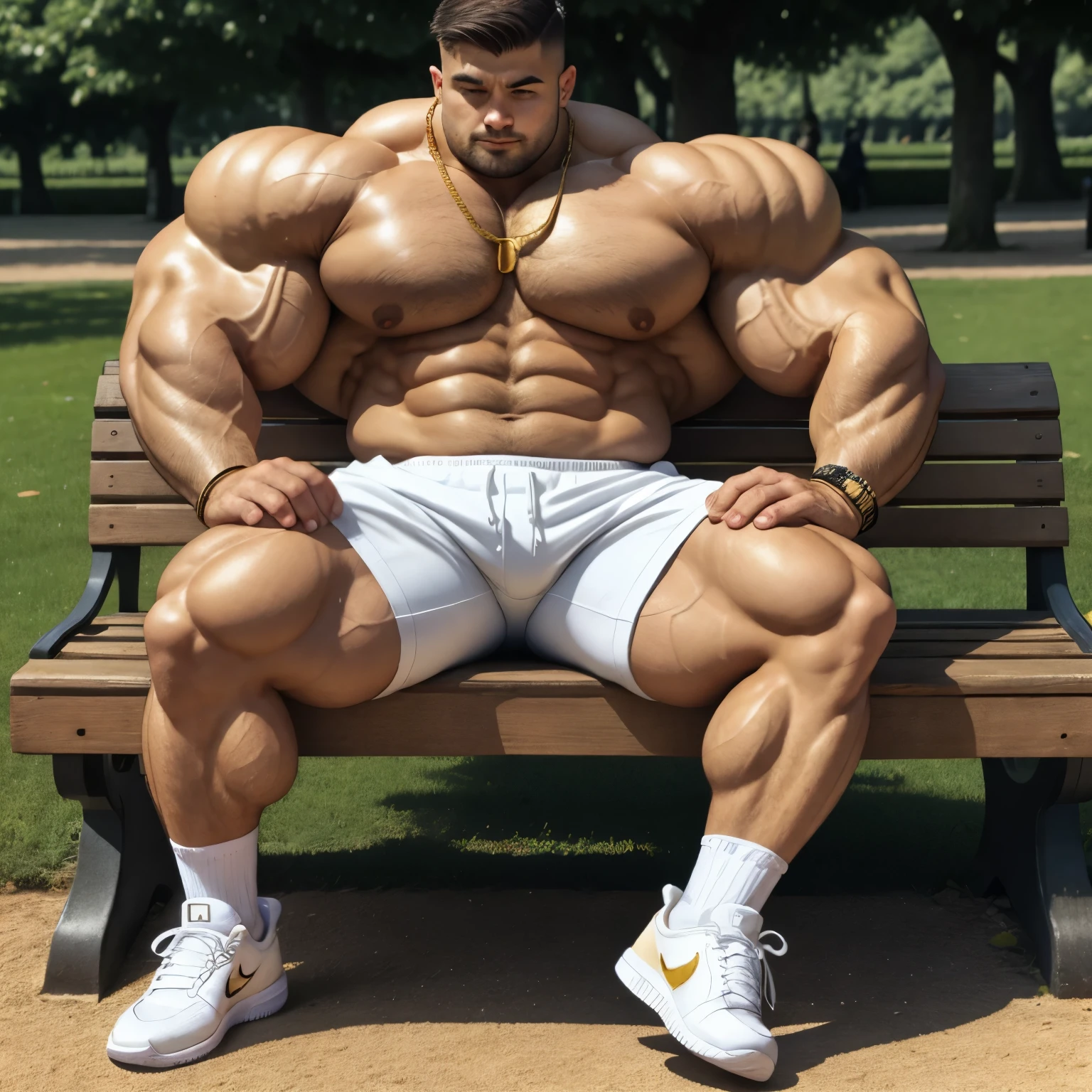 full view full body, in Jardin des Plantes in Paris, one over-muscular over-bodybuilded white european tanned male with clean shaved brown undercut haircut, wearing short white training sweatshorts, white sport socks and Nike air force one white and gold sneakers, golden rings, necklaces, bracelets, sitting alone on a bench, showing off his sneakers and over-inflated over-bloated pecs, shoulders, abds, triple-biceps and legs