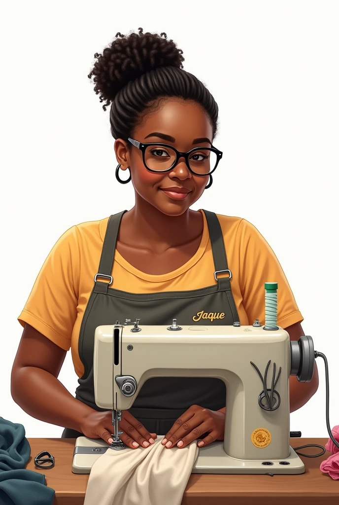 Drawing of a black Brazilian mother with curly hair tied up wearing glasses with a sewing machine and a white background with her name on the apron Jaque 