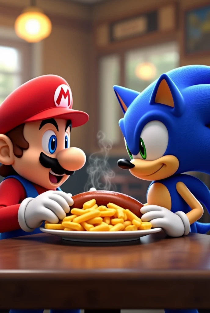 Mario and Sonic eating a sausage and chips