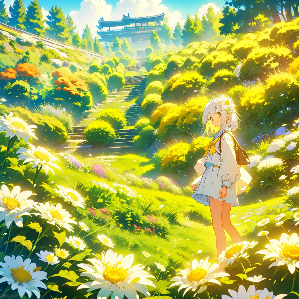 A girl on a hill with small white chrysanthemums with yellow centers at her feet、Netherlands and Japan