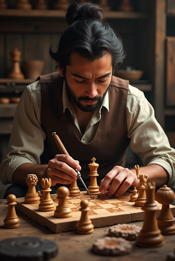 A person carving the chess board with his pieces