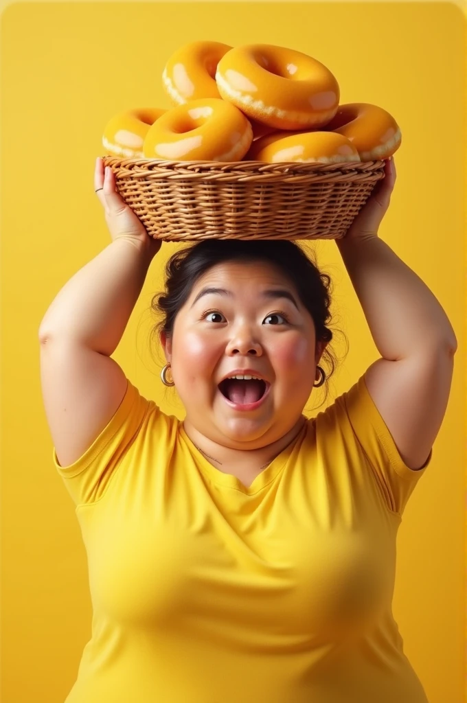 An advertising image of a short lady, medium-bodied, plump, with a friendly smile carrying on his head a basket of yellow donuts without wafer