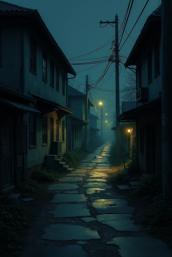 Dark street with houses on one side