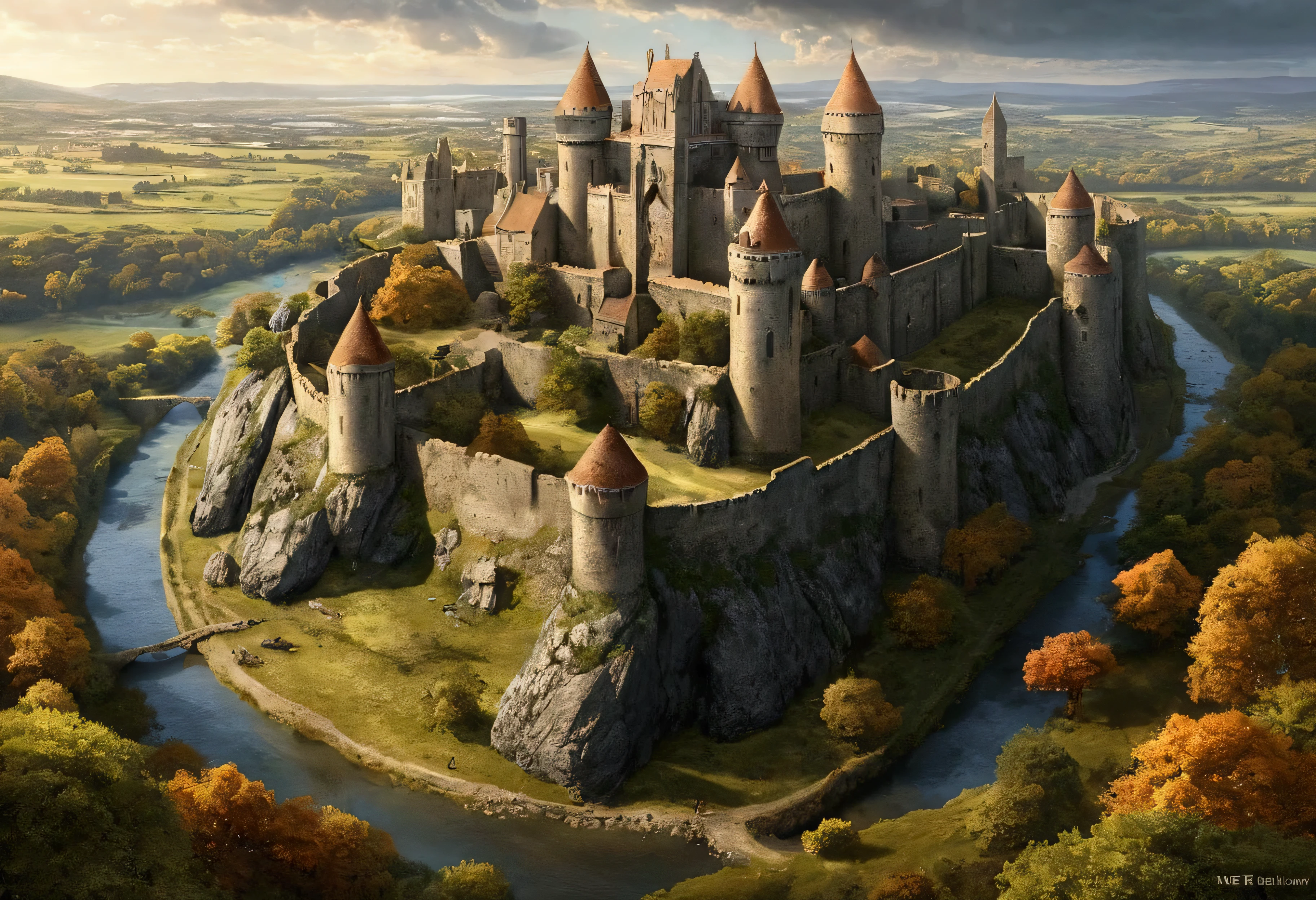 Créez des chefs-d&#39;œuvre dystopiques，Représentez une forteresse détruite dans un style artistique conceptuel de jeu réaliste.. L&#39;œuvre d&#39;art doit évoquer un sentiment de désolation et de désespoir antique , monde de Tolkien. Gardez un œil sur les subtilités des détails, netteté, et une description très détaillée de la citadelle en ruines. Inspirez-vous des styles artistiques de Wayne Barlow et Zdislav Beksiński. Livrez cette image au format d&#39;affichage vidéo, Montrez la sombre beauté de ce monde en décomposition.