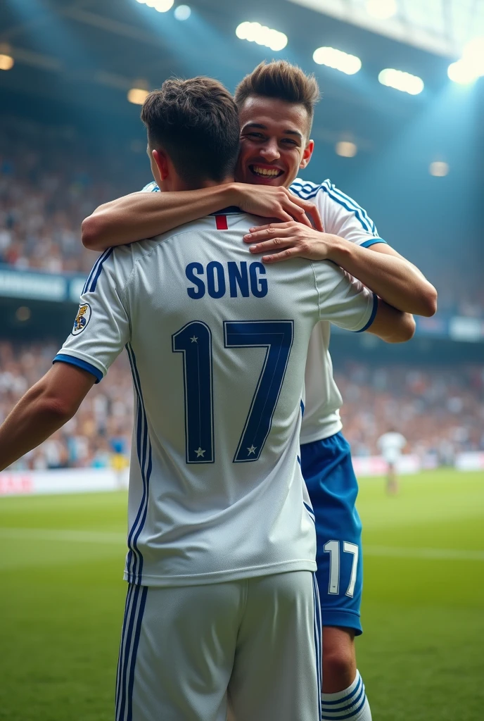 A young man wearing the Real Madrid jersey is named "SONG" number 17 celebrated with kylian mbappe