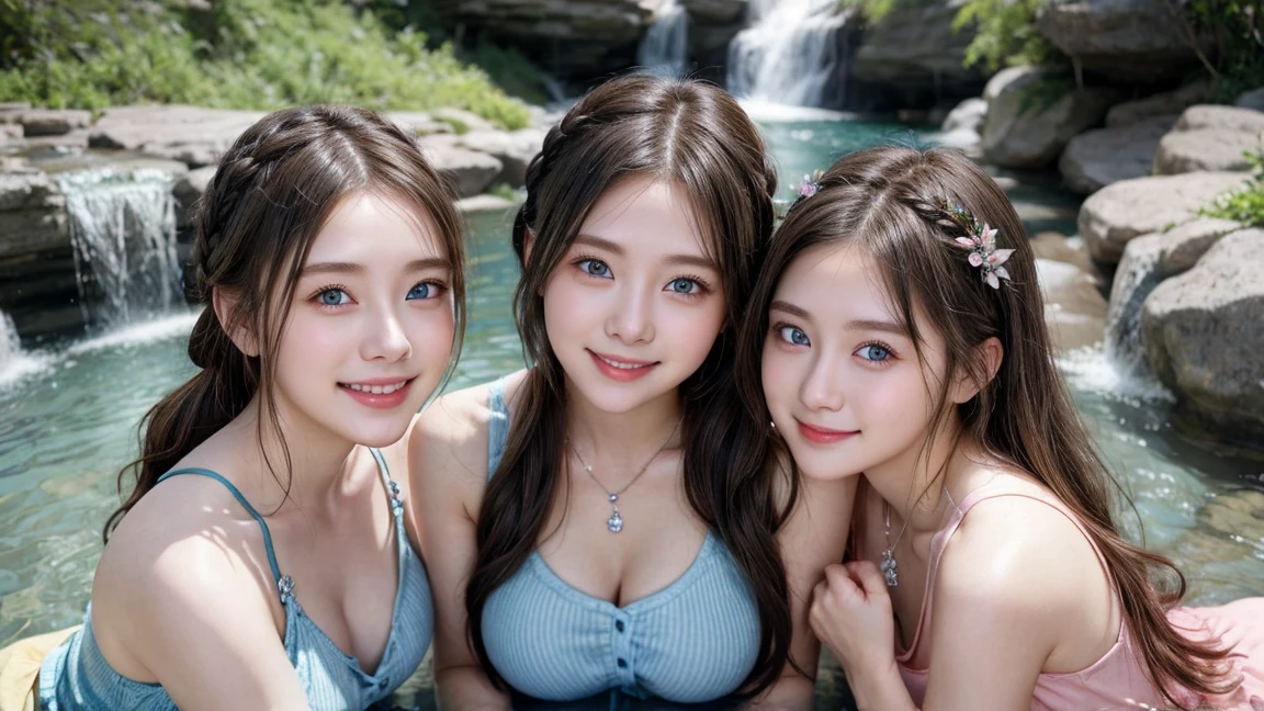 ( 3 girls), smile、Look into the camera、diamond necklace、braided hair, Wear a jeans skirt.,Random color tank top:1.2. Revealing the upper arm、Extra long twin tail feathers、Flower Hair Ornaments、 Masterpiece, Highest quality, 8ก, beautiful girl, young face、 photography, Cute face, thigh,(Sitting in a waterfall),、smile、small waist, blue eyes(((The chest is erect...)))(((round chest)))(((big breasts:1.0)))
