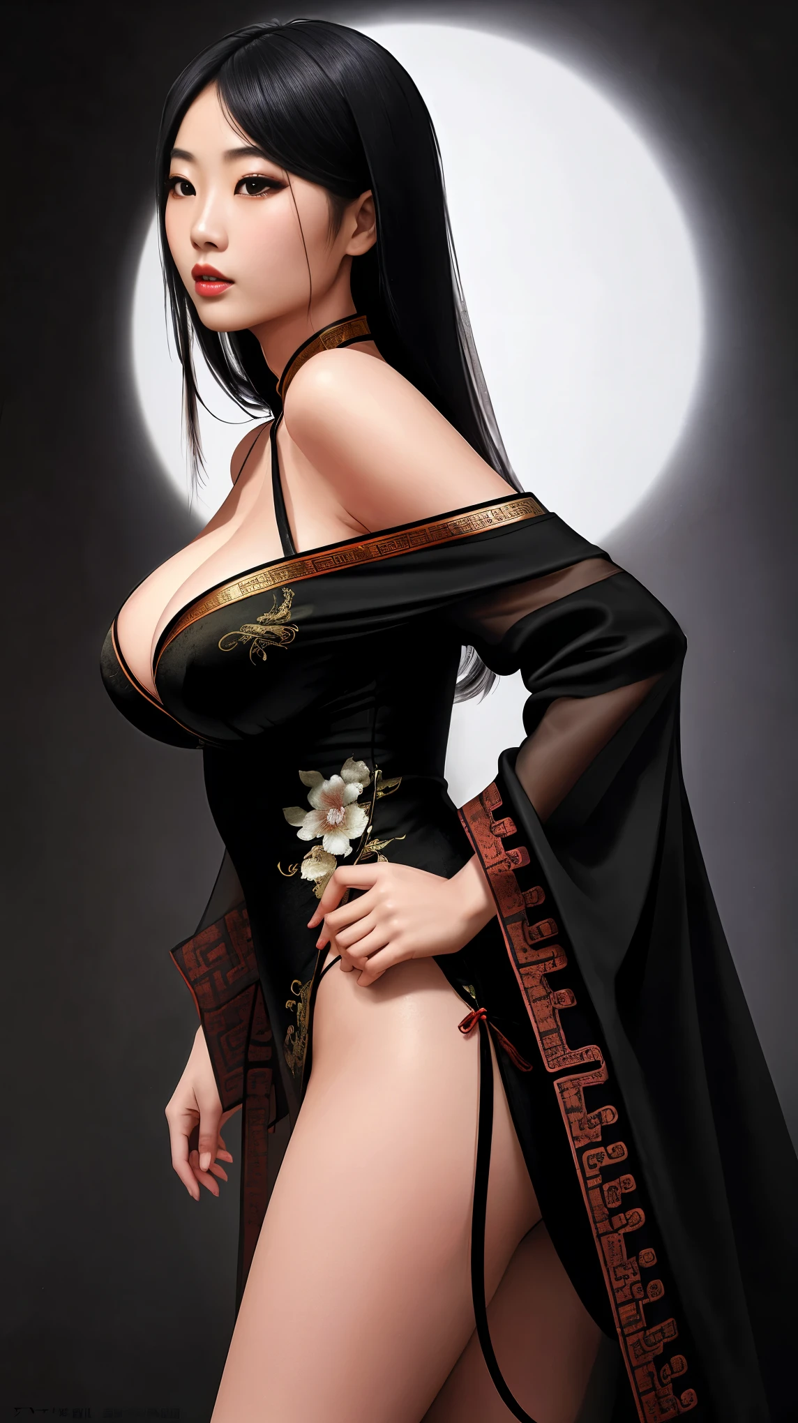 Best quality, masterpiece, ultra high res, (photorealistic:1.4), raw photo, 1girl, Beautiful (((Chinese woman))), Chinese girl, beautiful young Chinese woman, Chinese woman, Chinese women's fashion model, sexy look, big cleavage, sexy pose, light black hair, off shoulder, huge cleavage, in the dark, deep shadow, low key, cold light, SFW