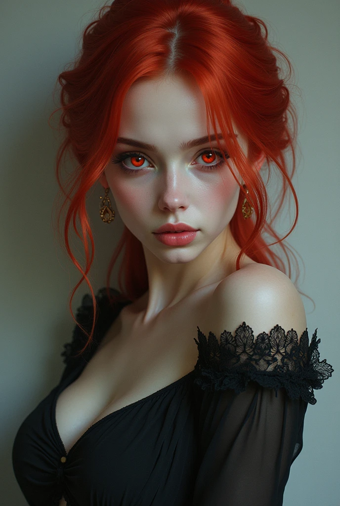 It would be a girl who is pregnant , about 5 months ,
Who has marked hair , crimson red eyes , Pale skin and so pretty with somewhat elegant clothes with dark colors