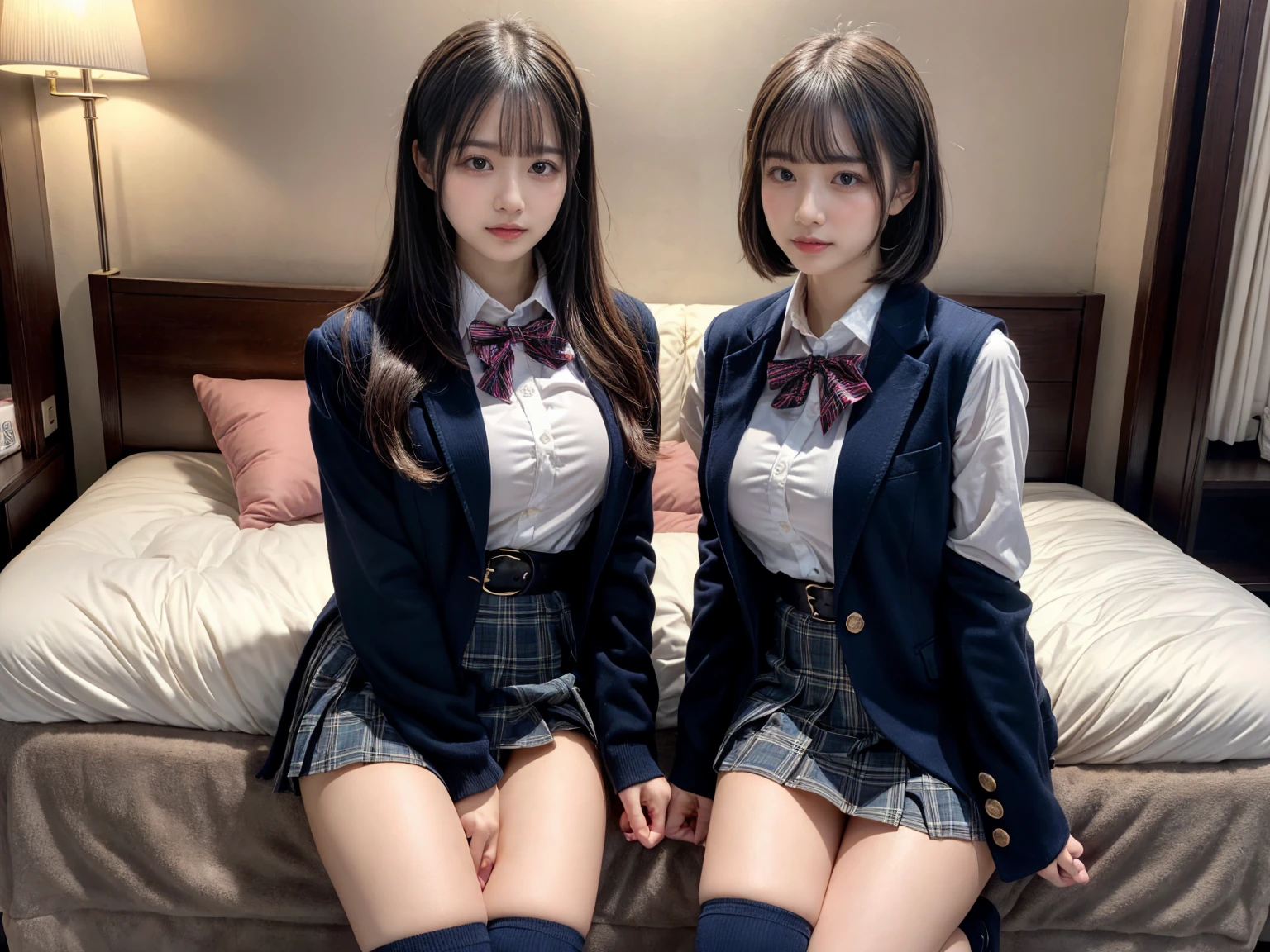 (8K, Raw photography, top-quality, masterpiece:1.2), master piece, best quality, illustration, Super detailed, fine details, High resolution, 8K,wall paper, perfect dynamic composition,(Details High quality, realistic depiction of eyes:1.3), ((2 girls, 2 schoolgirls)), The background is a luxury hotel room、High school girl uniform、blazer 、Super Short Check Uniform Skirt、Navy blue high socks、garterbelts、Colossal tits、Disturbed uniform, Play with each other,Touching each other's bodies,Touching the body of the girl next door, short bob hair, black hair color, huge breasts, Big Natural Color Lip, bold sexy pose, (perfect body shape), crying a little、cold gaze, Beautiful makeup,glitter makeup,Cutest 18 years old, beautiful legs, hposing Gravure Idol, Voluptuous thighs