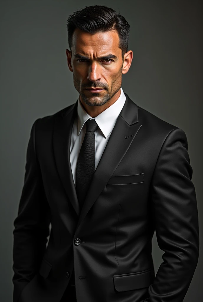 A man with a striking and imposing appearance, reflecting their discipline and determination. He has about 1,85 metro de altura, with an athletic and muscular build, result of years of rigorous martial arts training and intense physical activity. His broad shoulders and erect posture exude confidence and strength.. His face is angular and well defined, with prominent cheekbones and a strong chin. He has dark, piercing eyes, that convey a mixture of intensity and mystery. Your eyebrows are thick and well defined., adding a serious and focused expression to your gaze. Her hair is black as night, cut short and practical, but with a touch of style that enhances your personality. Despite his often stern appearance, your lips may curve into a warm, genuine smile. He has slightly tanned skin, result of outdoor activities and frequent trips to different parts of the world. He usually dresses simply, yet elegant, preferring clothes that allow mobility and comfort. however, in situations that require formality, he wears tailored suits that accentuate his imposing, well-groomed figure. He has some discreet scars spread across his body., memories of past missions and battles fought. Every scar carries a story, a testament to his double life as a security consultant and hitman. These marks are hidden under your clothes.