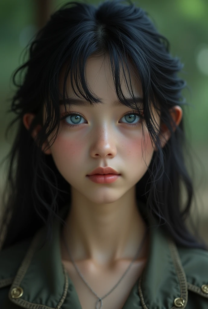 Beautiful slim girl Blue eyes Black hair color Cute shine Very pale skin color Realistic 13 years old Naked World War II Natural cinematic image in 8K Shadows Realistic. detailed natural lighting natural pores