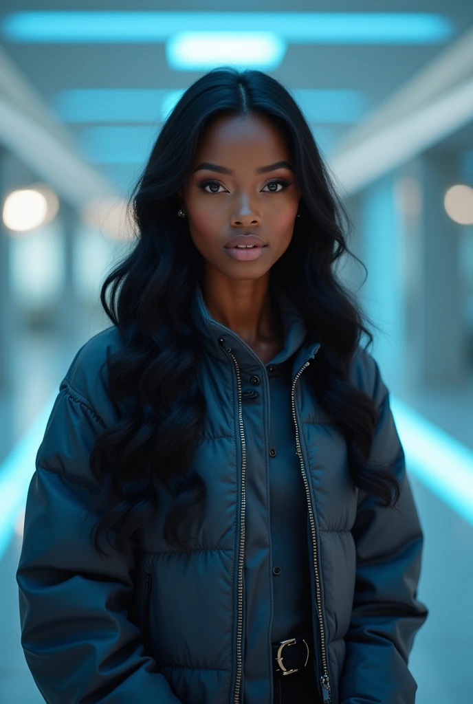 hyper realistic portrait of skai Jackson, 19 years old, with long flowing black hair and brown eyes. She should have a natural, approachable expression and be lit by soft, blue light, canon eos r5, raw format, wearing acne studios, skilled in robotics, background is a large modern mansion with scientific laboratory, full body, center