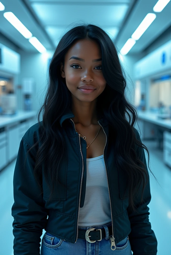 hyper realistic portrait of skai Jackson, 19 years old, with long flowing black hair and brown eyes. She should have a natural, approachable expression and be lit by soft, blue light, canon eos r5, raw format, wearing acne studios, skilled in robotics, background is a large modern mansion with scientific laboratory, full body, center