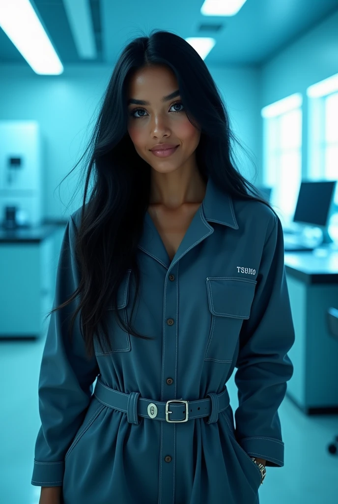 hyper realistic portrait of skai Jackson, 19 years old, with long flowing black hair and brown eyes. She should have a natural, approachable expression and be lit by soft, blue light, canon eos r5, raw format, wearing acne studios, skilled in robotics, background is a large modern mansion with scientific laboratory, full body, center