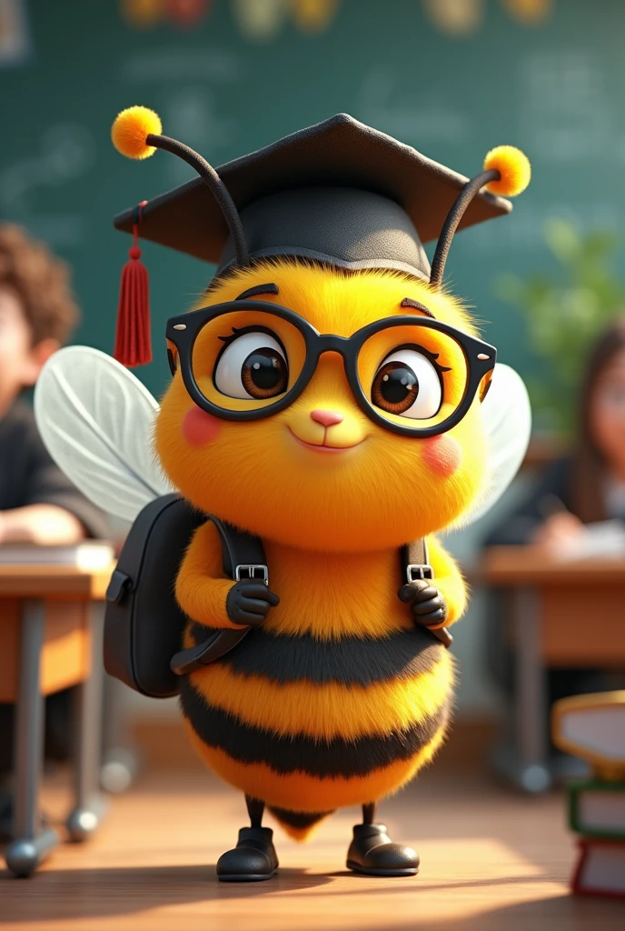 Create an image of a Cartoon Bee that It Is an student