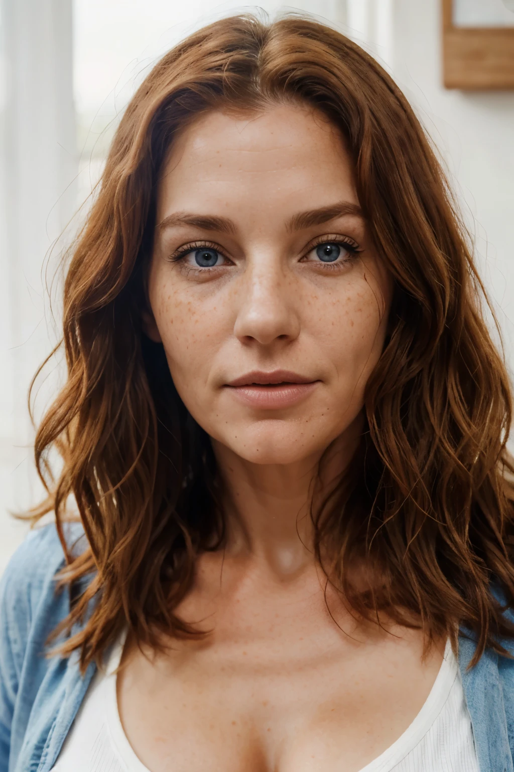 A 50-year-old mom with long, wavy red hair, freckles, a large chest, a face with fine features and texture, wrinkles typical of a 50-year-old woman, and a very realistic face, blue eyes.