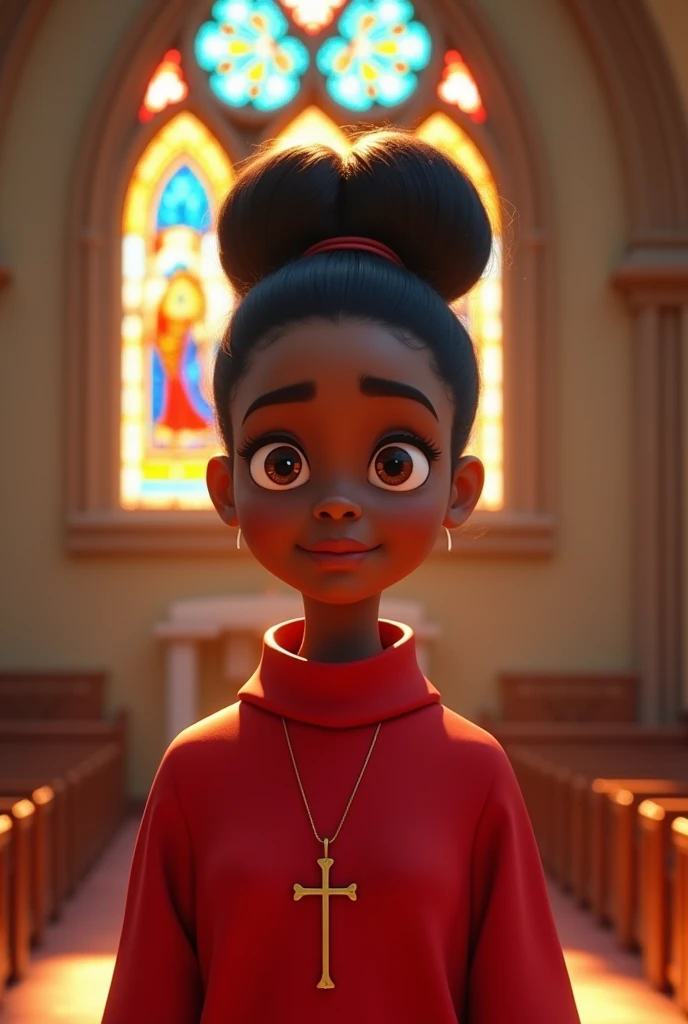 Pixar-inspired 3D poster of a young black woman with straight hair in a bun, wearing a RED acolyte's tunic covering her neck,with a small crucifix around his neck, inside a church