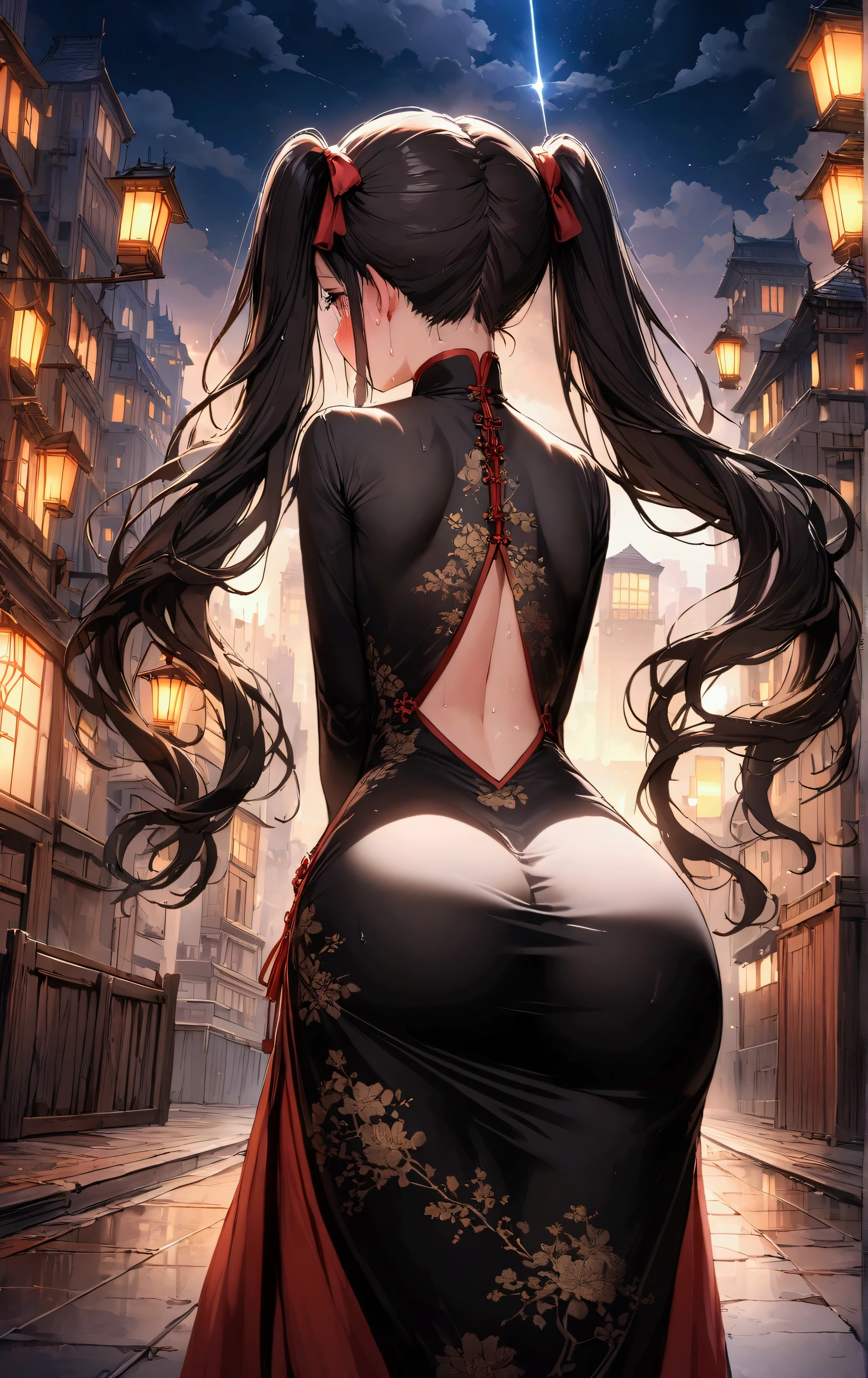 Twin tails、Highly detailed Chinese dress, Looks about , (beautiful girl: 1.3),Highest quality,8k,Highly detailed CG unit wallpaper,masterpiece:1.2,top-quality,Ultra-high resolution,RAW Photos,real texture skin,Cinema Lighting,Embarrassing,blush, vapor,Wet,Sweat,Moist eyes,weak,Huge buildings,metropolis,The girl is a delivery girl who delivers Chinese food to customers.,,A girl in tears because she was late delivering food,Steam from cooking,prostration,,Big, round, beautifully shaped butt,(from behind:1.8), (Gazing-into-the-Distance:1.3),