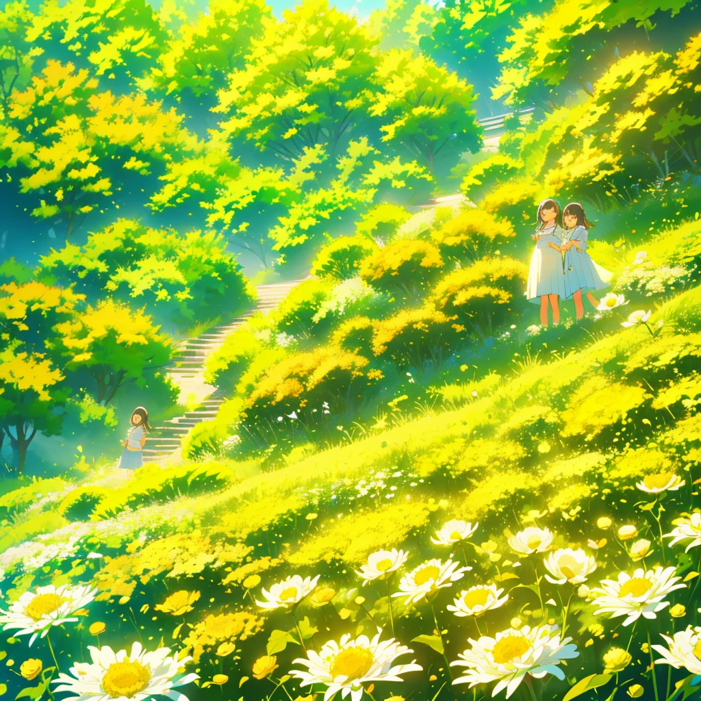 Two girls on a hill with small white chrysanthemums with yellow centers at their feet、Netherlands and Japan