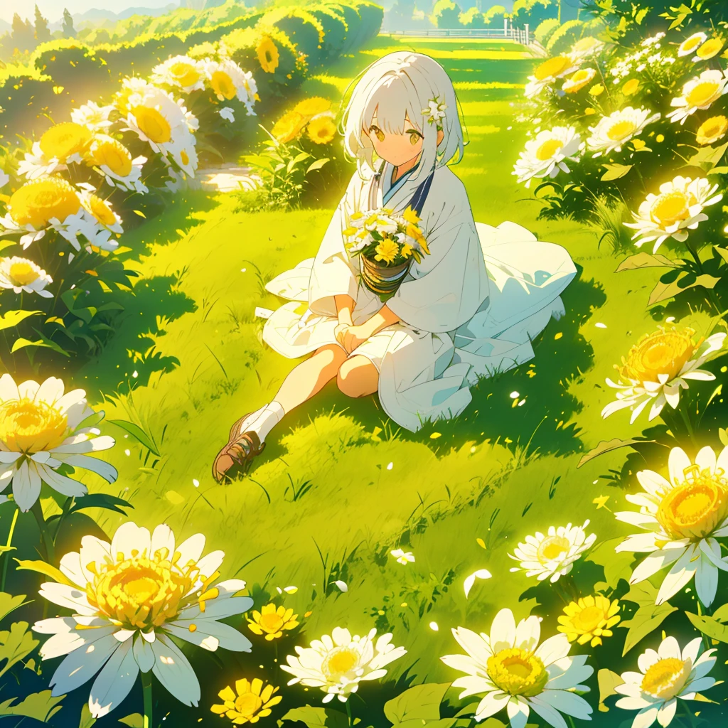Two girls on a hill with small white chrysanthemums with yellow centers at their feet、Netherlands and Japan