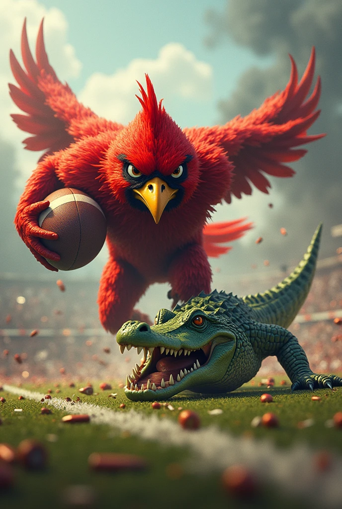 red bird playing american football and making touchdown against an alligator in war atmosphere on the field