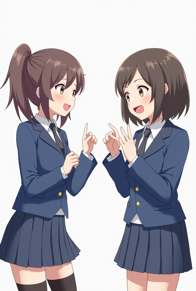 cheered up, Two students in blue uniforms talking, The embarrassed boy and the happy girl
