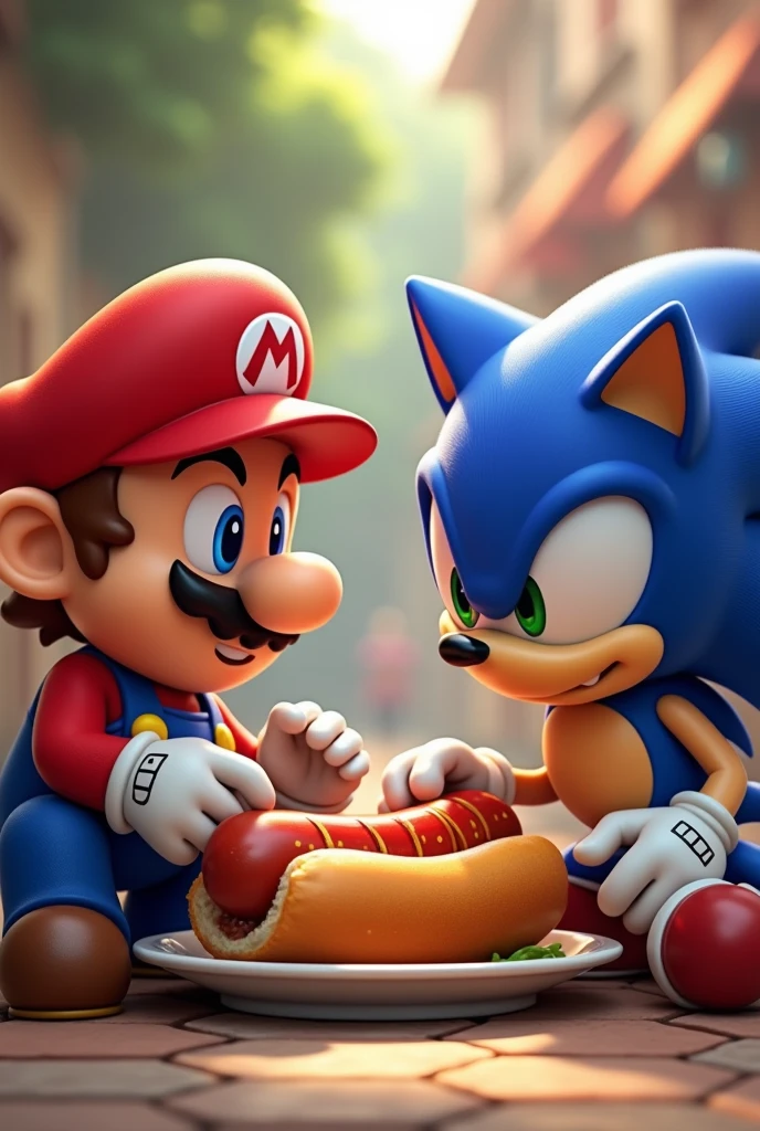 Mario and Sonic eating a sausage dad but Goku and Beast Boy arrive