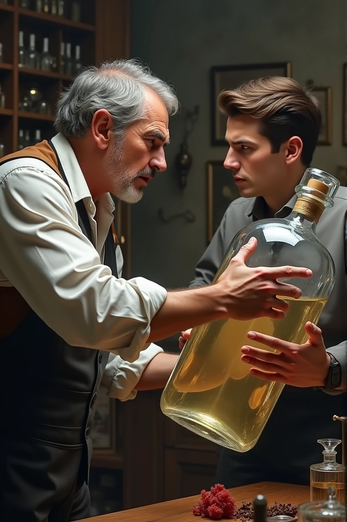 Master perfumer shouting exasperated and angry that the giant bottle the young man has in his hands is pure alcohol 