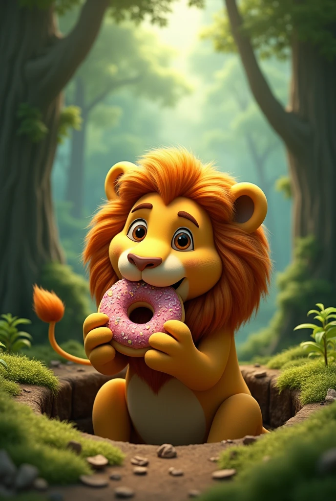 Alion in a hole and eating donkey woth forest animation
