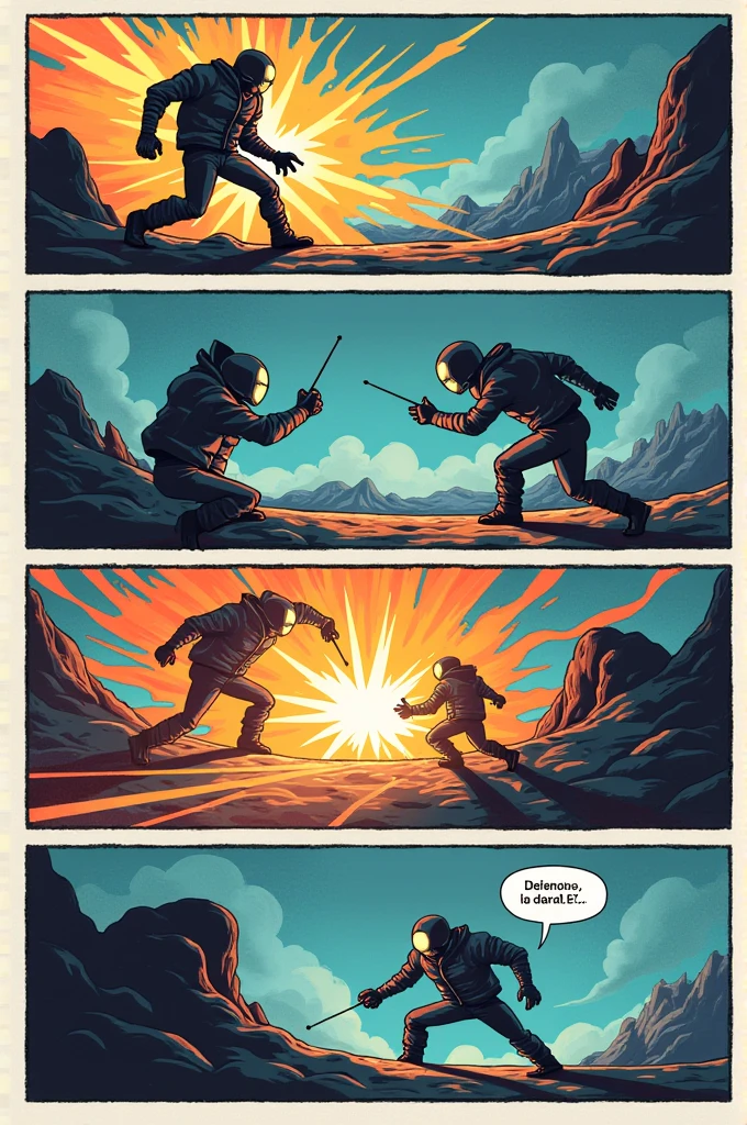 Create a comic strip with this text in Spanish
_The Battle for Attention_
In a world where cell phones have gained consciousness, a device called "The Distractor" seeks to dominate people's attention to control their actions.
_The Distractor_: "Yes! ¡Nadie puede resistir mi pantalla brillante and mis notificaciones tentadoras! I will be the master of attention!"
_The Concentration_: "No, I won't let you distract me. ¡Voand a mantener mi enfoque and resistir tus tentaciones!"
_The Distractor_: "Yes! You are weak! Check out this funny meme!"
_The Concentration_: "No, I won't fall into your trap. ¡Voand a mantener mi atención en mi objetivo!"
_The Distractor_: "¡Mira! A video of cats! You can't resist!"
_The Concentration_: "No, I will not be distracted. ¡Voand a mantener mi concentración!"
_The Distractor_: "You are losing! Look at all these notifications! You have to check them out!"
_The Concentration_: "No, I will not give up. ¡Voand a ignorarlas and mantener mi enfoque!"
_The Distractor_: "¡Voand a llamar a mis refuerzos! My social media will beat you!"
_The Concentration_: "No, not laughing. ¡Voand a bloquear tus redes sociales and mantener mi concentración!"
_The Concentration_ se da cuenta de que tiene que mantenerse fuerte and enfocada para evitar que _The Distractor_ Please try again. So start training even more, practica mindfulness and meditación para mantener su atención en su objetivo.
On the other hand, _The Distractor_ no se rinde and comienza a buscar formas de mejorar sus habilidades para distraer. Busca alianzas con otras aplicaciones and servicios de redes sociales para crear un equipo de distracciones aún más poderoso.
The battle between _The Concentration_ and _The Distractor_ continues, pero ahora es una batalla de resistencia and estrategia.
One day, _The Distractor_ Launch a surprise attack with an irresistible notification: "Win a surprise prize! Click here!"
_The Concentration_ se mantiene firme and no cae en la trampa. Instead, uses his ability to