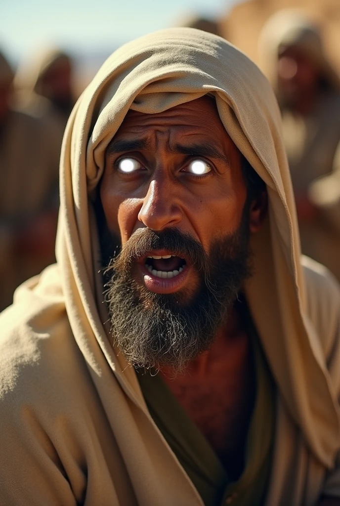 ((best quality)), ((masterpiece)), (detailed), perfect face
Bartimeu, a blind man, with white eyes, sitting by the roadside in Jericho, hearing that Jesus of Nazareth is passing by, screams desperately for help, as the crowd around him tries to silence him, holding your arms and covering your mouth.