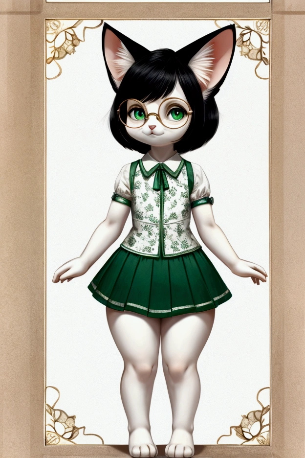 Small, slim female kitten with nice big thighs and black and white fur and cute green eyes and is wearing a short dress with a mini skirt and full body glasses and is 8 years old.
