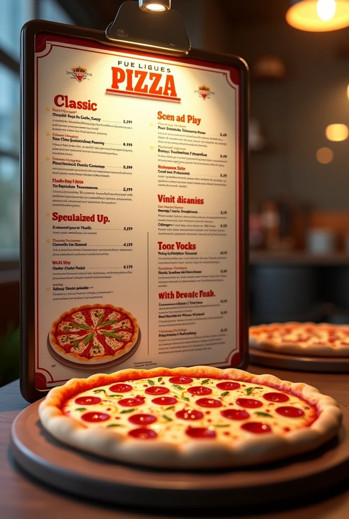 Could you generate an image of a pizza menu that has shadows and looks realistic With a realistic pizza in front
