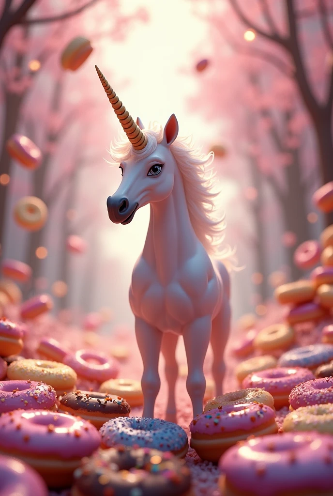A unicorn surrounded by lots of donuts