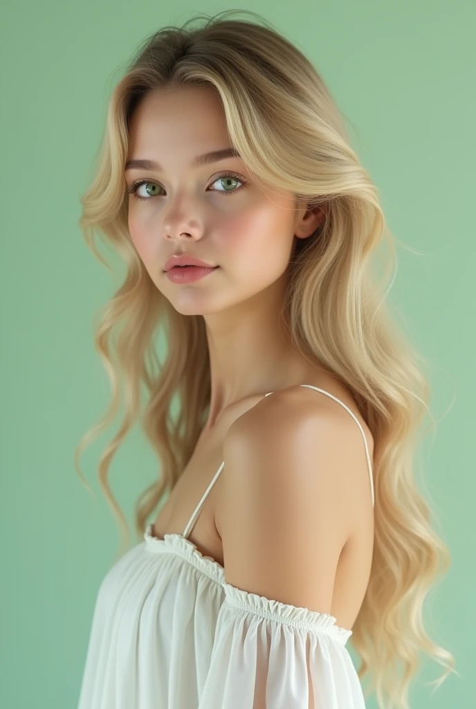 (photorealism:1) A white skin, light blonde, pretty 20 y/o girl, with big green eyes, straight nose and full lips. Soft face features. Very long medium wavy hair with fringe. Wearing a white dress. With a light green background.