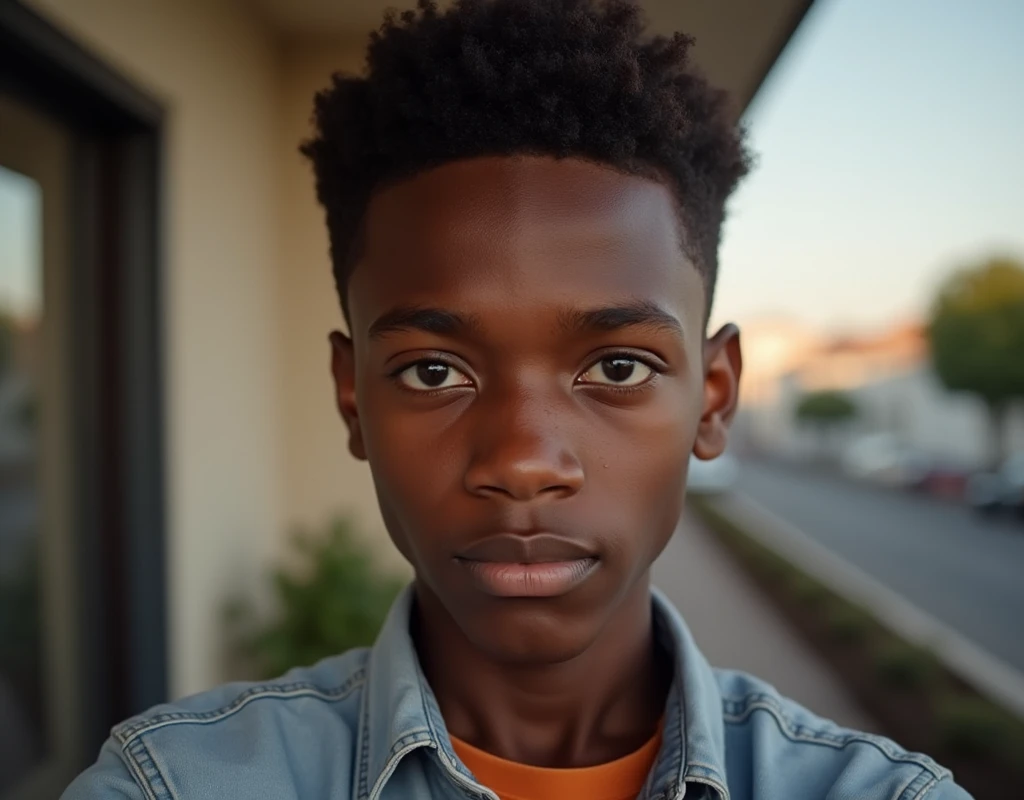 17 year old boy, a little black, with short hair,the detailed face, tall, debout, taking a selfie, photo de bonne qualité
