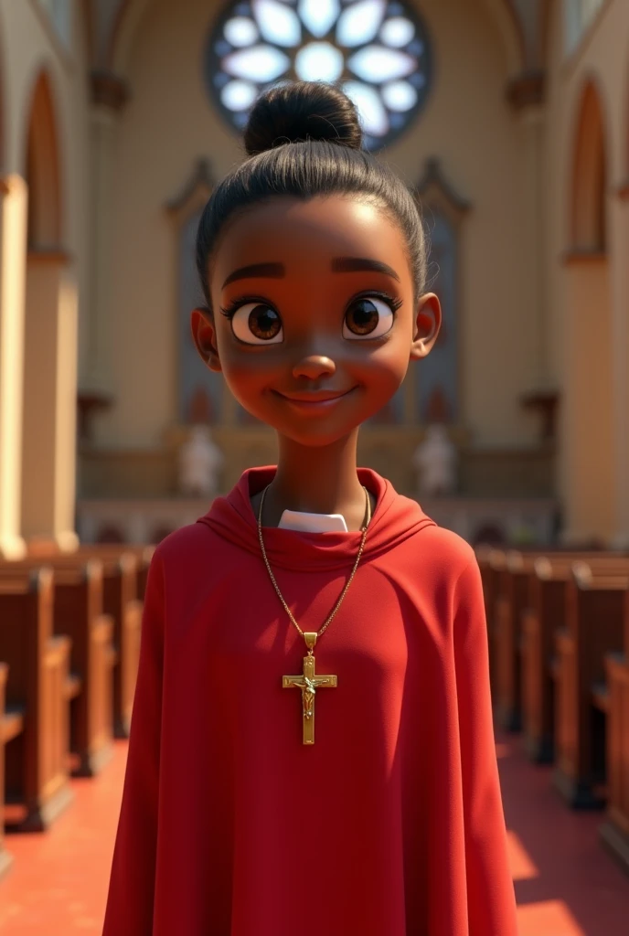 Pixar-inspired 3D poster of a young black woman with straight hair in a bun, wearing a RED acolyte&#39;s tunic covering her neck,with a small crucifix around his neck, inside a church